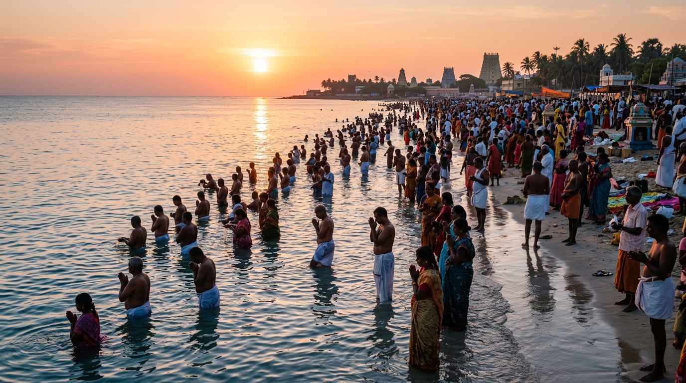 Devotees & Pilgrims taking holy sea bath at Agni Theertham